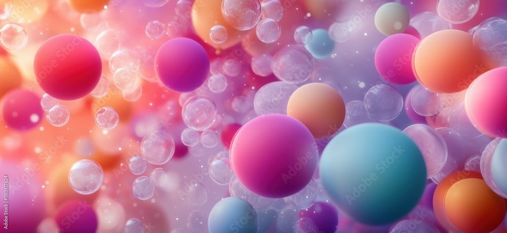 Colorful abstract spheres and bubbles floating in a vibrant background, showcasing a blend of pink, orange, blue, and purple hues with a dreamy atmosphere, copy space for text Colorful abstract spheres and bubbles floating in a vibrant background, showcasing a blend of pink, orange, blue, and purple hues with a dreamy atmosphere, copy space for text