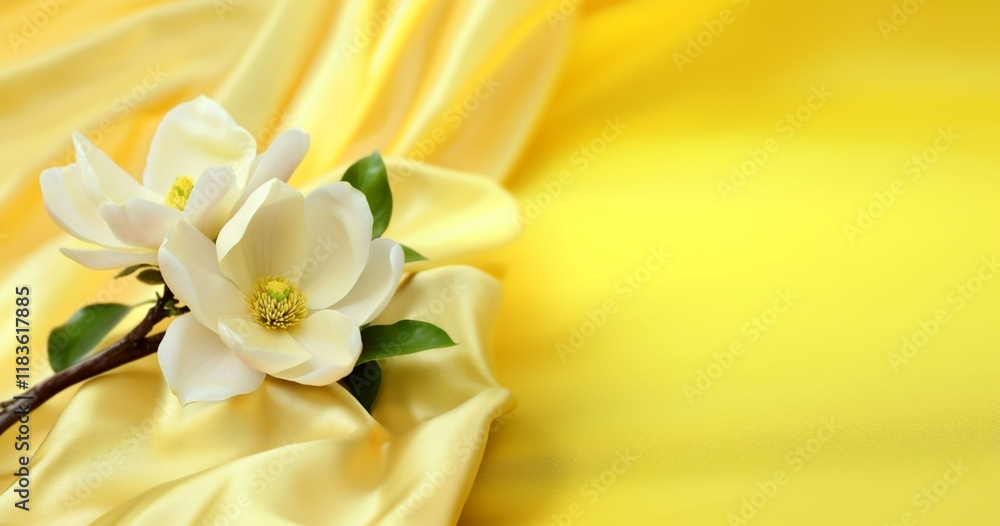 Fototapeta premium Branch with white flowers on yellow drapery with space for text