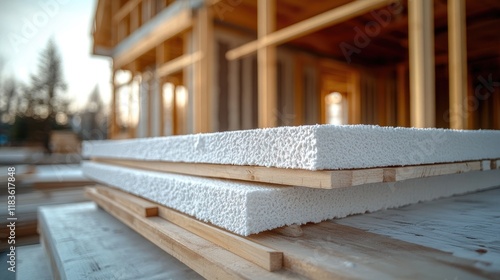 Close-up of polystyrene insulation boards preparing for house construction