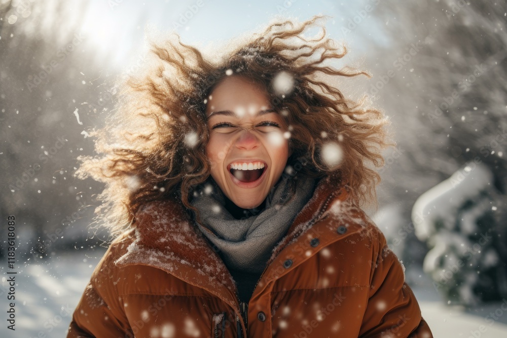 Young woman with curly hair enjoying a snowfall in a winter forest, expressing joy and happiness during the christmas season Young woman with curly hair enjoying a snowfall in a winter forest, expressing joy and happiness during the christmas season