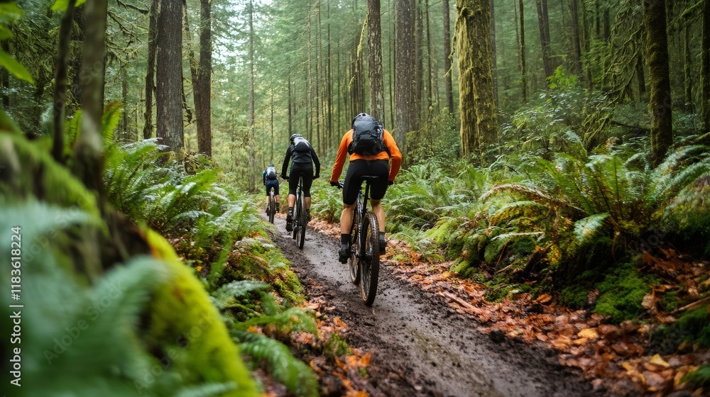 Mountain bikers riding on muddy trail in the forest Mountain bikers riding on muddy trail in the forest