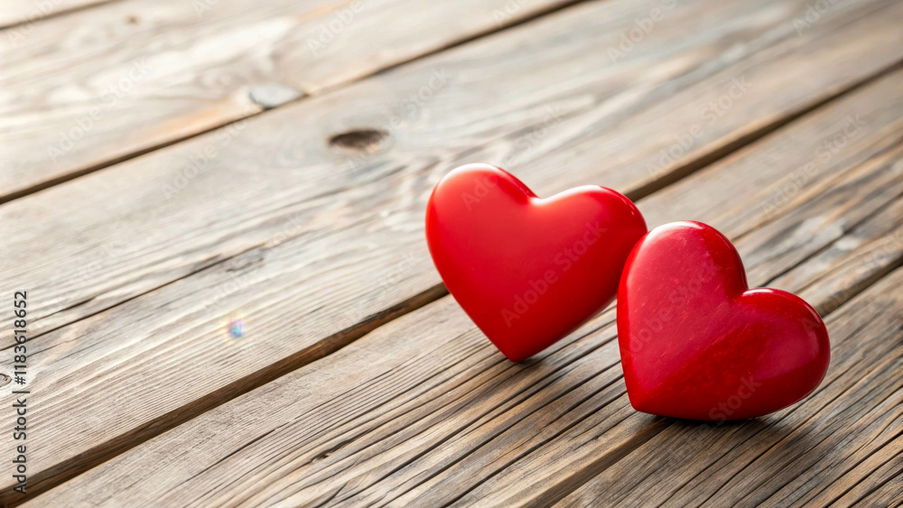 Two bright red hearts lying next to each other on a wooden surface with vintage texture. The atmosphere of romance and warmth. Two bright red hearts lying next to each other on a wooden surface with vintage texture. The atmosphere of romance and warmth.