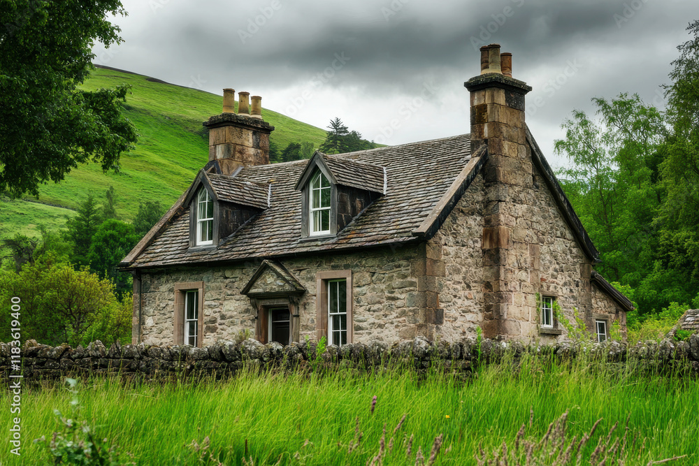 Traditional Scottish stone house in the countryside circa 1800s Traditional Scottish stone house in the countryside circa 1800s