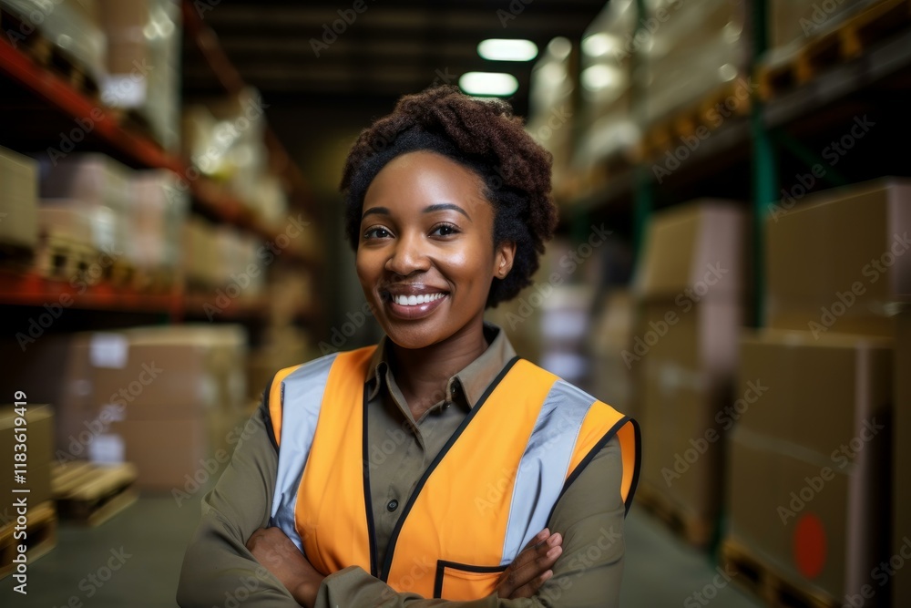 Portrait of a smiling female supervisor standing in a warehouse with arms crossed, exuding confidence and professionalism Portrait of a smiling female supervisor standing in a warehouse with arms crossed, exuding confidence and professionalism