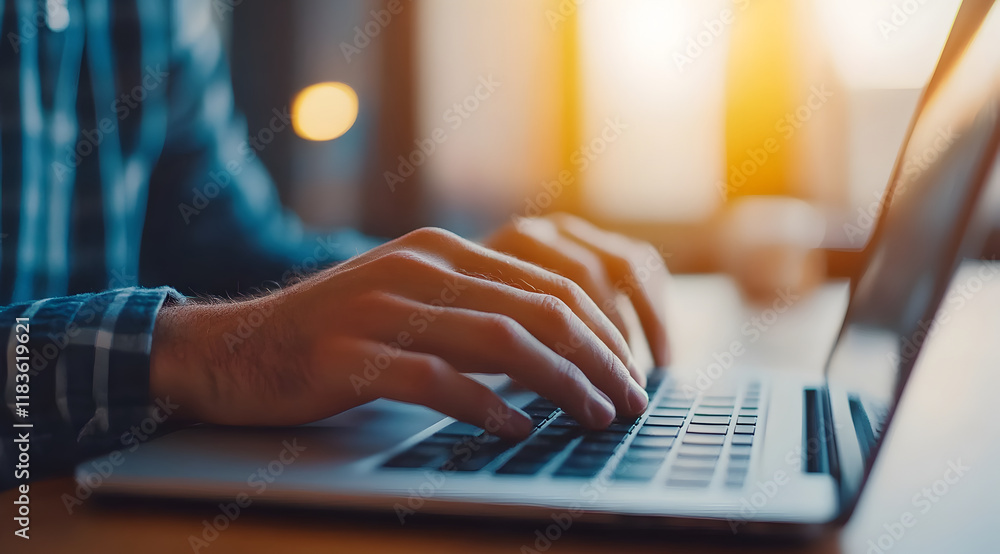 A close-up of a person typing on a laptop, with warm sunlight creating a cozy atmosphere in the background. A close-up of a person typing on a laptop, with warm sunlight creating a cozy atmosphere in the background.