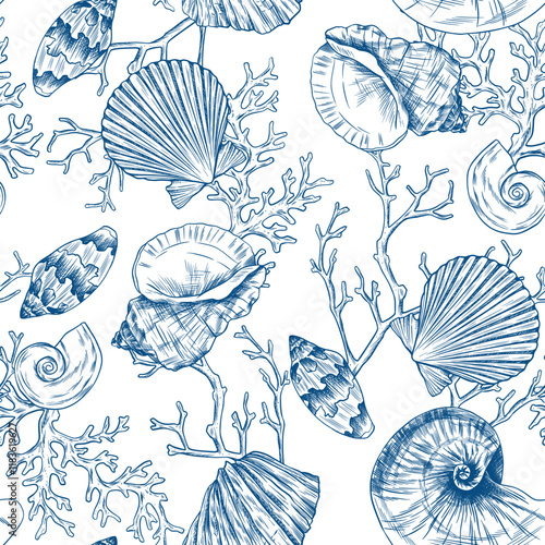 Toile de jouy  seashell pattern. Colorful seamless shells and coral pattern. Perfect for greetings, invitations, manufacture wrapping paper, textile and web design. Vector ocean pattern.