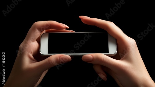 Woman s hands holding mobile phone with finger tapping on a blank screen for interaction photo