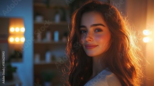 Golden Hour Portrait: A Captivating Young Woman with Long Brown Hair