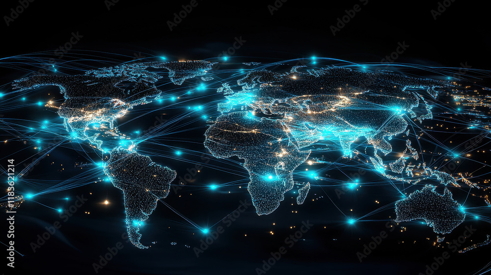 Obraz premium Abstract digital map of the world with glowing connections and blue lights representing a global network