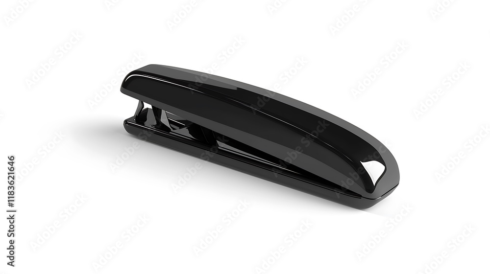A black stapler with a silver clip A black stapler with a silver clip