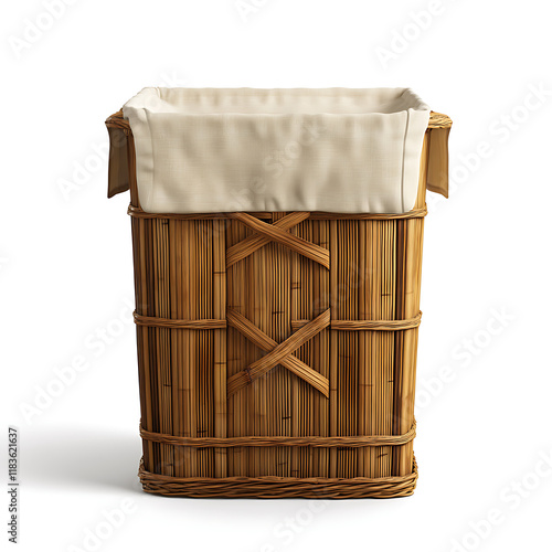 A bamboo laundry hamper with a removable fabric liner on a transparent background, high-resolution 3D render, eco-friendly design,   photo