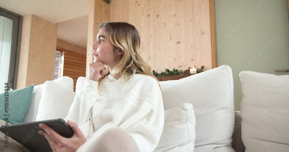 Christmas time, Woman relaxing on couch using tablet in cozy holiday-decorated living room