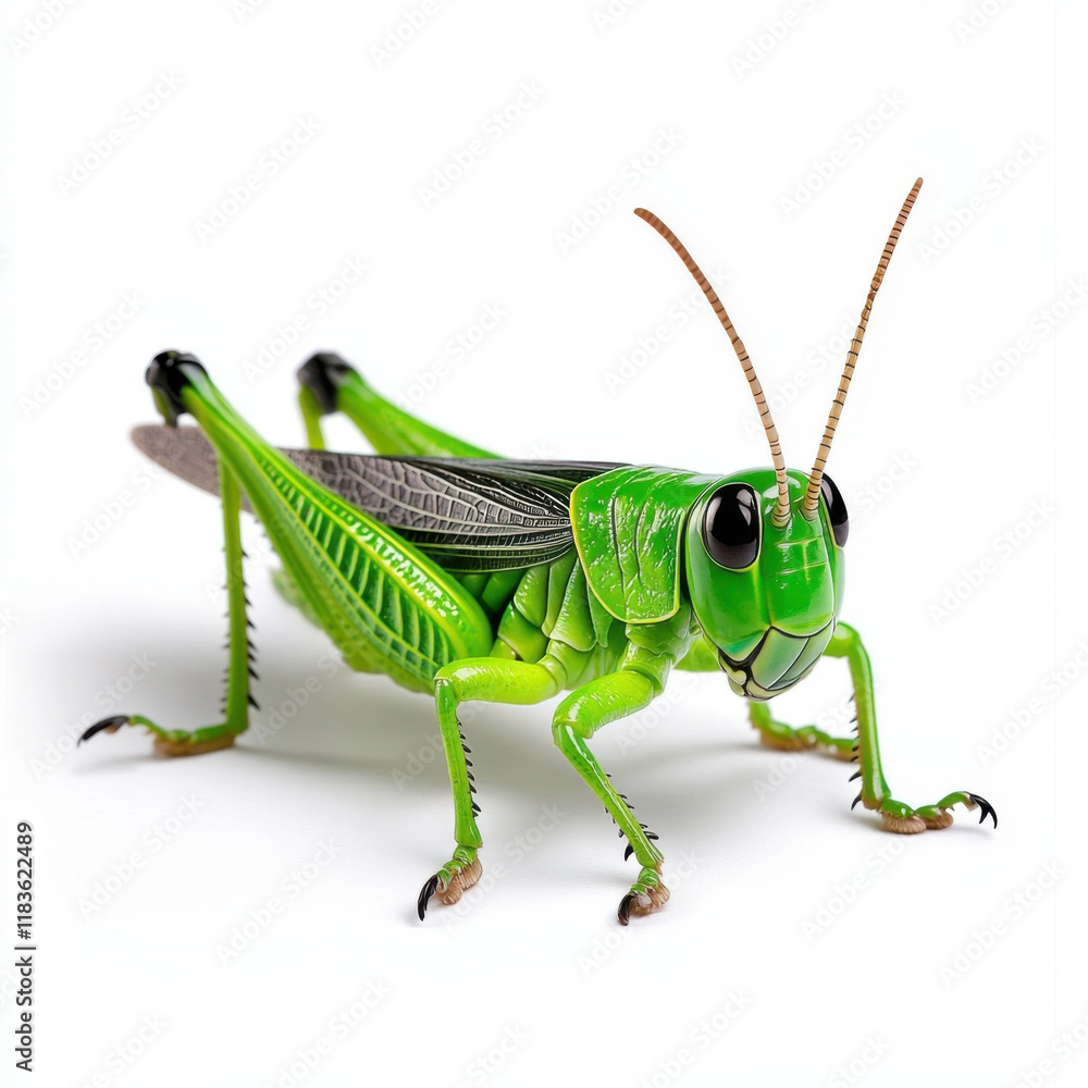 A vibrant green grasshopper, striking pose against a stark white background. A vibrant green grasshopper, striking pose against a stark white background.