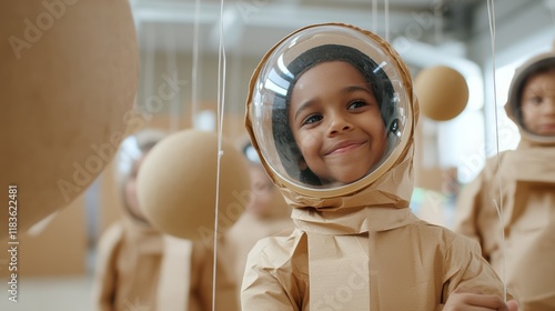 Kids dressed as astronauts, delight in imaginative play, exploring the cosmos with wide smiles, embodying dreams of adventure and discovery. photo