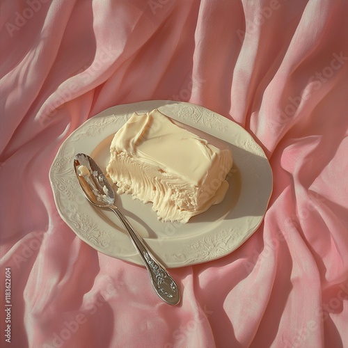 Creamy Vanilla Dessert on Pink Fabric photo