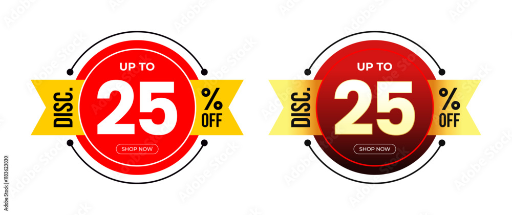 Discount Sticker of Special Offer discount up to 25% Off. Black and Red Gradient background isolated on white. Circle frame with ribbon. For Tag, Price, Discount Label. Vector Illustration Discount Sticker of Special Offer discount up to 25% Off. Black and Red Gradient background isolated on white. Circle frame with ribbon. For Tag, Price, Discount Label. Vector Illustration