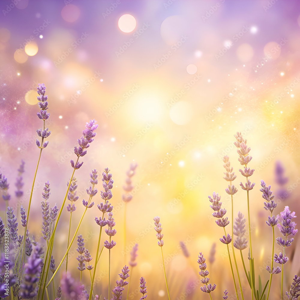 Fototapeta premium Lavender Field in Golden Light. A Beautiful Floral Background