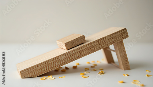 Inclined Plane: A small wooden block placed on a smooth, inclined wooden ramp to illustrate the concept of friction and gravity. Flat-layered, natural textures with a clean aesthetic.
