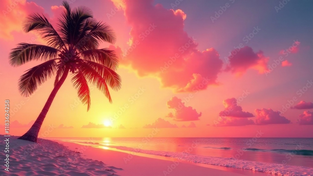 Serene Sunset Beachscape Palm Tree Silhouetted Against Vibrant Pink and Orange Sky Serene Sunset Beachscape Palm Tree Silhouetted Against Vibrant Pink and Orange Sky