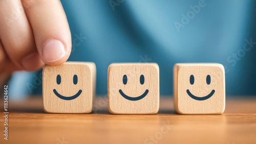 A hand adjusts wooden blocks with smile faces, symbolizing positivity and emotional expression in a serene setting.