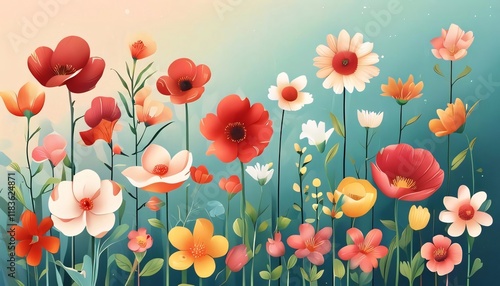 Vibrant floral meadow sunset landscape illustration. photo