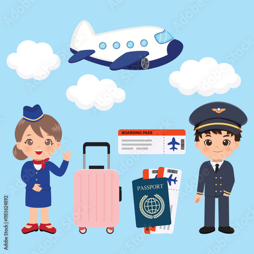 Cute boy and girl airplane cabin crew clip art