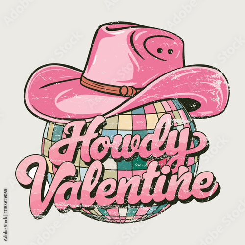 Howdy Valentine phrase design with smiley in cowboy hat for Valentine's Day celebration. Howdy Valentine SVG Valentine's Day typography T shirt design