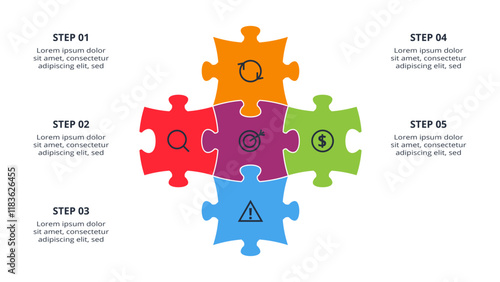 Puzzle infographic with 5 elements, presentations, vector illustration. Template for web