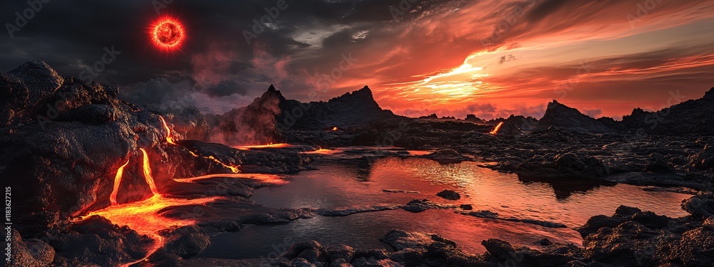 A dramatic view of a remote volcanic island with complex lava flows and a vivid solar flare creating dramatic reflections over the molten landscape, Volcanic island scene, Astronomical style A dramatic view of a remote volcanic island with complex lava flows and a vivid solar flare creating dramatic reflections over the molten landscape, Volcanic island scene, Astronomical style