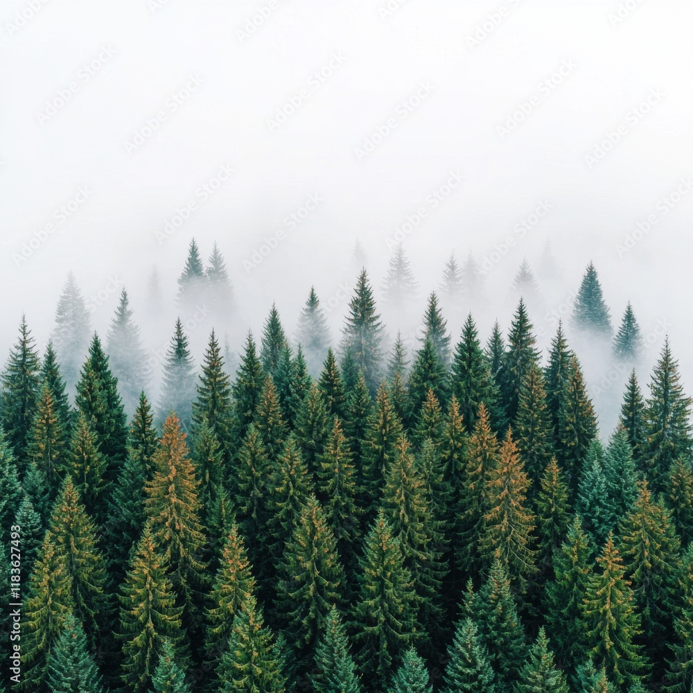 Misty evergreen forest landscape at dawn Misty evergreen forest landscape at dawn