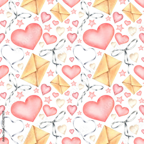 Watercolor seamless pattern with envelopes, hearts, stars and bows in pastel colors on white background. Hand drawn illustration for Valentine's Day textile or packaging design, childish wallpaper. photo