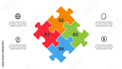 Puzzle infographic with 4 elements, presentations, vector illustration. Template for web