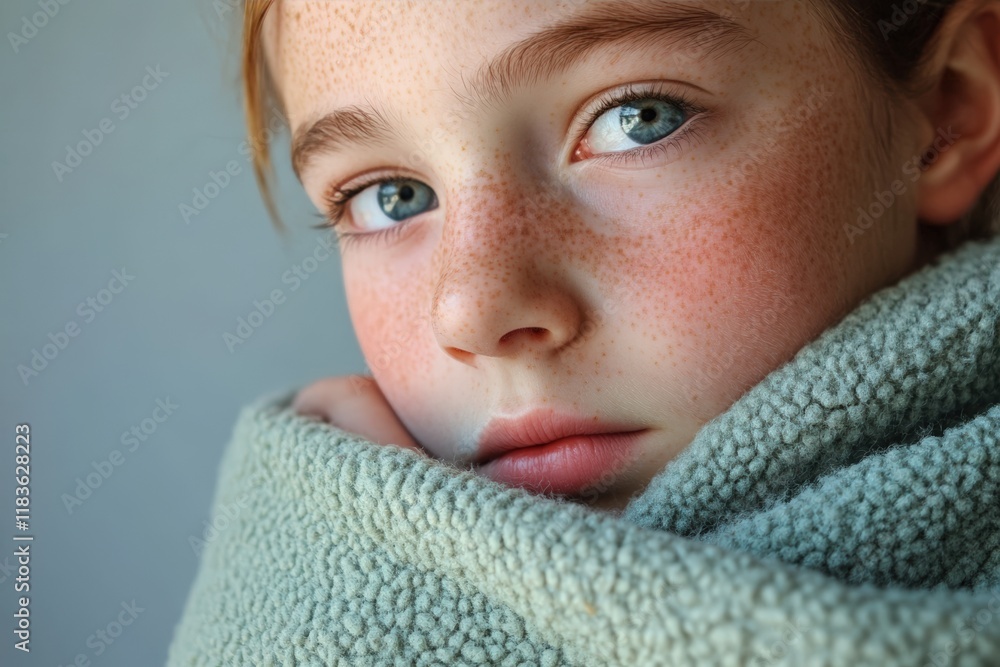 Young girl with freckles wrapped in a soft green sweater Young girl with freckles wrapped in a soft green sweater