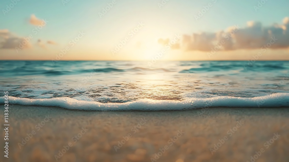 Fototapeta premium A serene beach scene at sunset, featuring gentle waves lapping at the shore under a colorful sky.