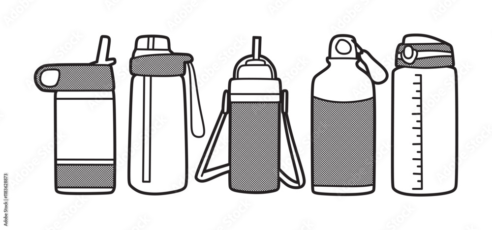 Fototapeta premium collection of water bottle images, black and white line art, vector