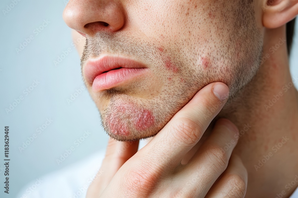 Close up of a mans face showing acne