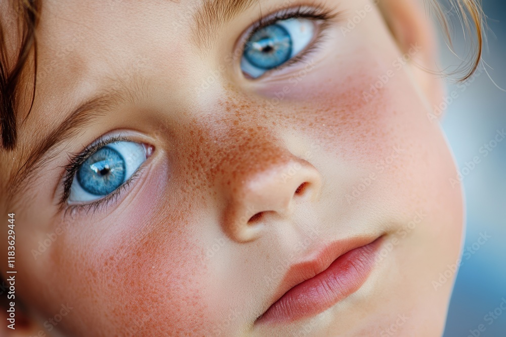 Fototapeta premium Close Up Portrait Of A Child With Freckles And Blue Eyes