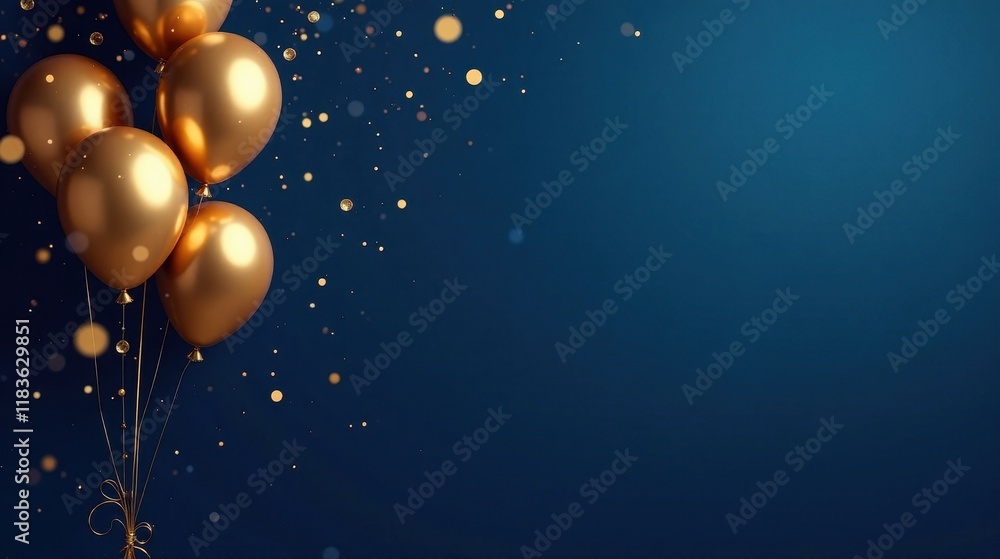 Celebration with Golden Balloons and Festive Confetti on a Deep Blue Background Celebration with Golden Balloons and Festive Confetti on a Deep Blue Background