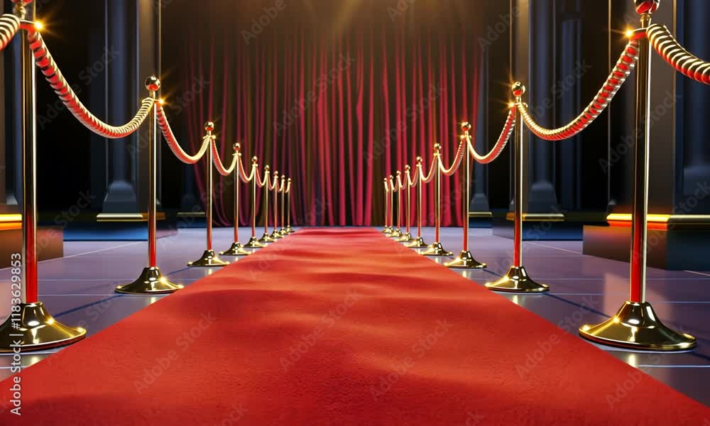 Luxurious red carpet entrance with golden ropes and spotlight Luxurious red carpet entrance with golden ropes and spotlight