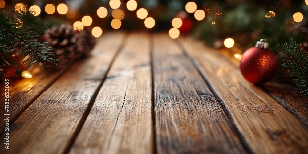 A festive wooden table with blurred Christmas lights in the background, evoking warmth and holiday spirit, ideal for seasonal themes. A festive wooden table with blurred Christmas lights in the background, evoking warmth and holiday spirit, ideal for seasonal themes.