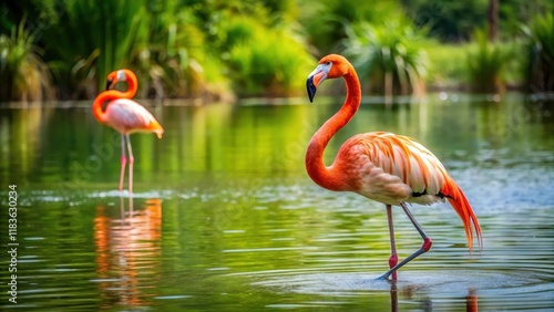 A flamingo floats on the water with a life preserver attached to its leg