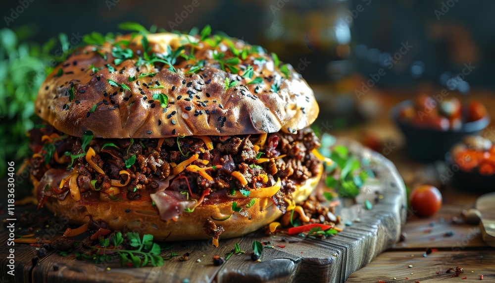A large, round bread roll filled with ground meat, peppers, and herbs, served on a wooden cutting board.