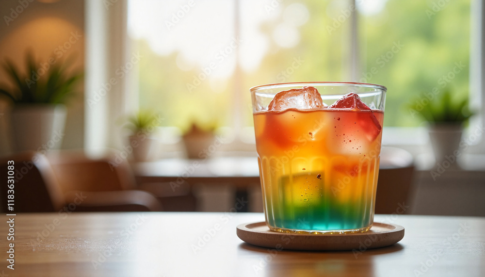 Vibrant dopamine drink with colorful ice cubes in chic cafe, joyful refreshment Vibrant dopamine drink with colorful ice cubes in chic cafe, joyful refreshment