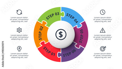 Puzzle infographic with 6 elements, presentations, vector illustration. Template for web