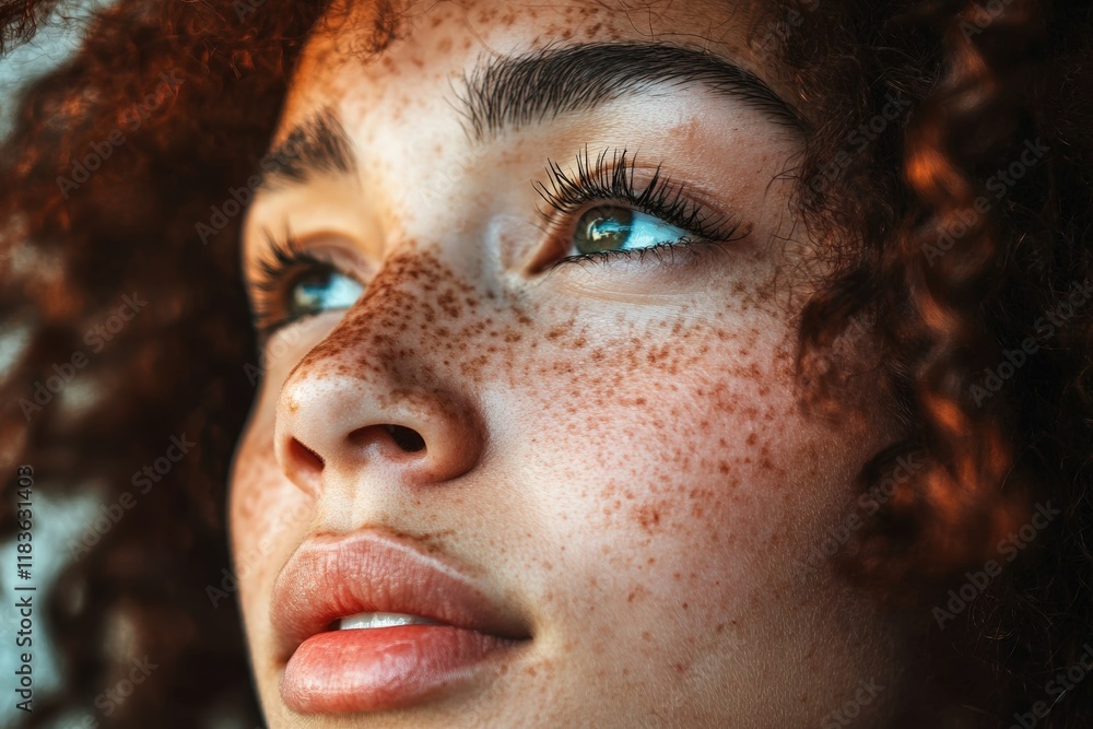 Freckled Woman With Curly Hair Gazing Upwards Freckled Woman With Curly Hair Gazing Upwards