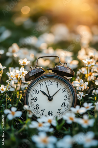 Vintage alarm clock among spring wildflowers symbolizing daylight saving time concept. Vertical banner. Copy space