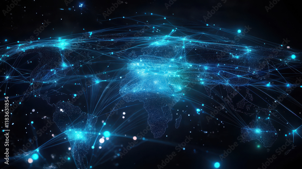Obraz premium Abstract digital map of the world with glowing connections and blue lights representing a global network