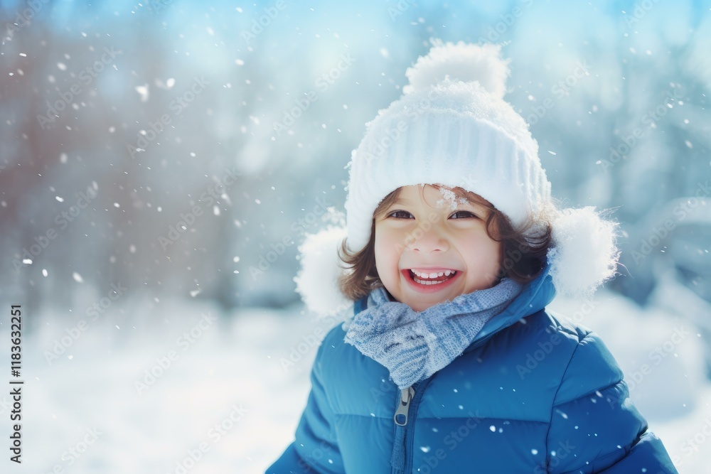 Happy child smiling under a snowfall, wearing winter clothes, playing in a snowy park Happy child smiling under a snowfall, wearing winter clothes, playing in a snowy park