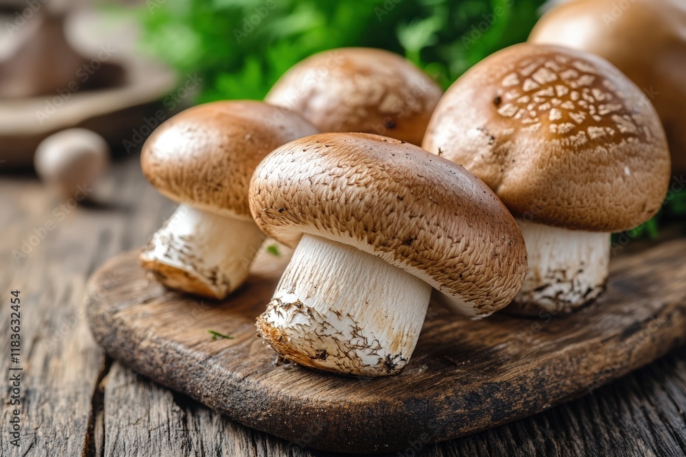 Fresh Brown Mushrooms On Wooden Cutting Board Fresh Brown Mushrooms On Wooden Cutting Board