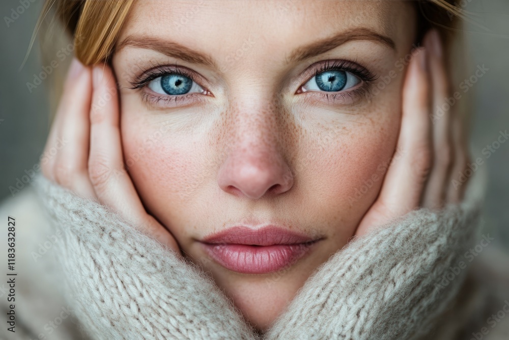 Woman with freckles and blue eyes rests her face in her hands Woman with freckles and blue eyes rests her face in her hands